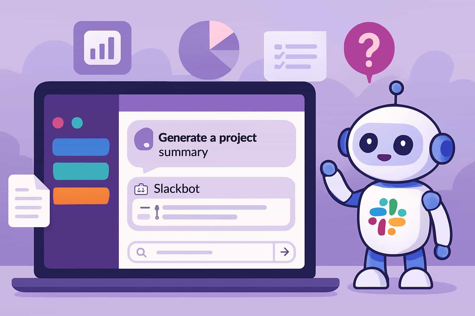 Slackbot powered by personalized AI, with chat bubbles and gears showing customization