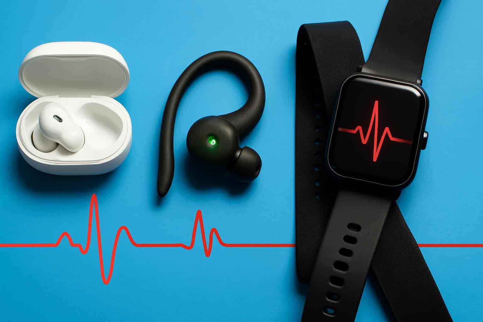 Earbuds with heart rate sensor tracking pulse and smartphone health app