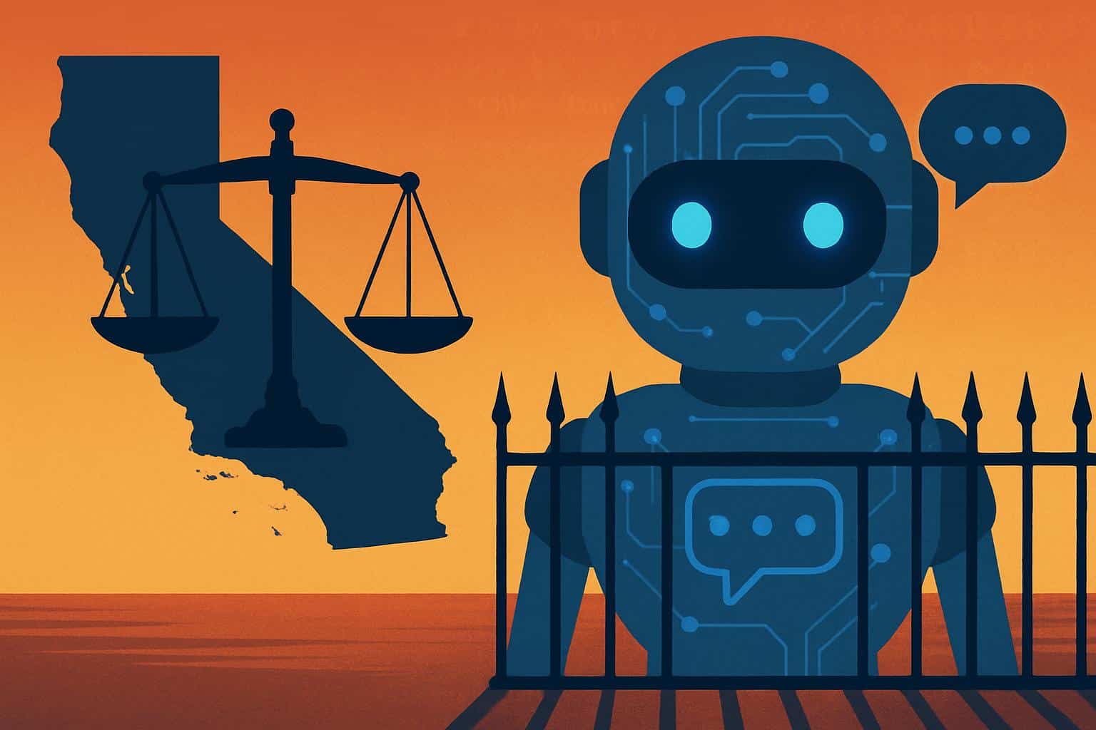 California state Capitol with AI circuit and gavel symbolizing strict AI regulation
