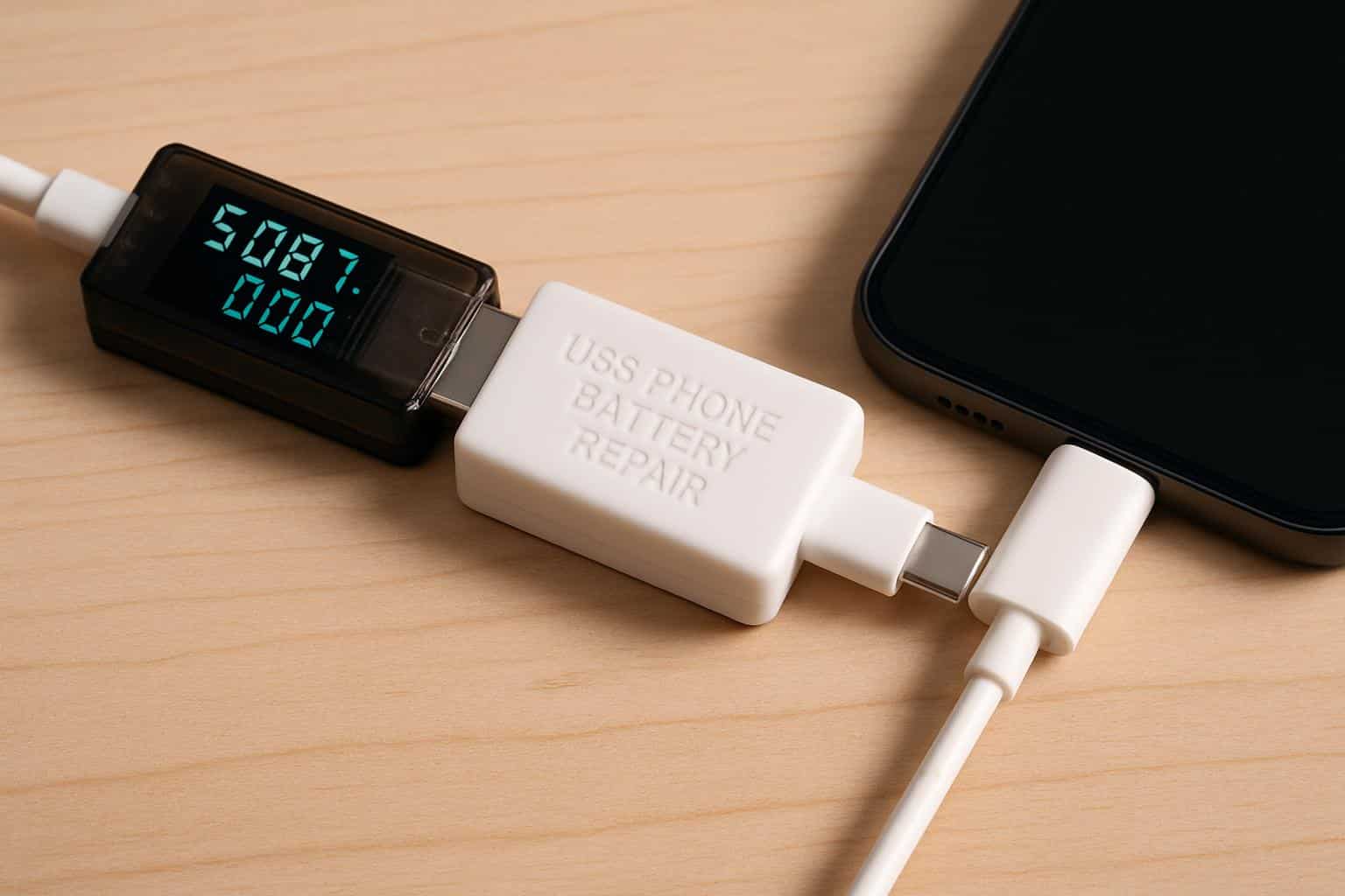  phone repair dongle connected to smartphone during testing, results evaluated