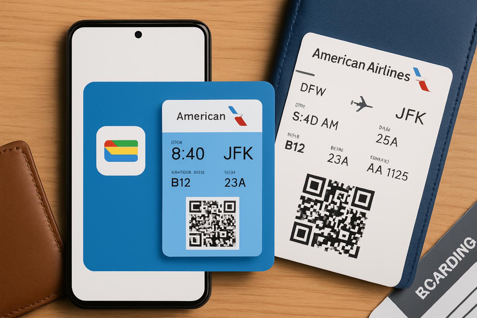 Google Wallet boarding pass for American Airlines shown on smartphone