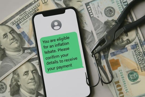 Phony inflation rebate text displayed on phone screen, illustrating SMS phishing scam.