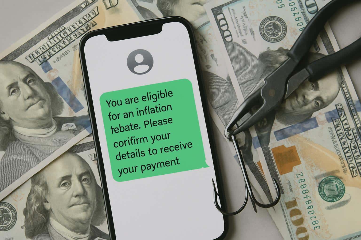 Phony inflation rebate text displayed on phone screen, illustrating SMS phishing scam.