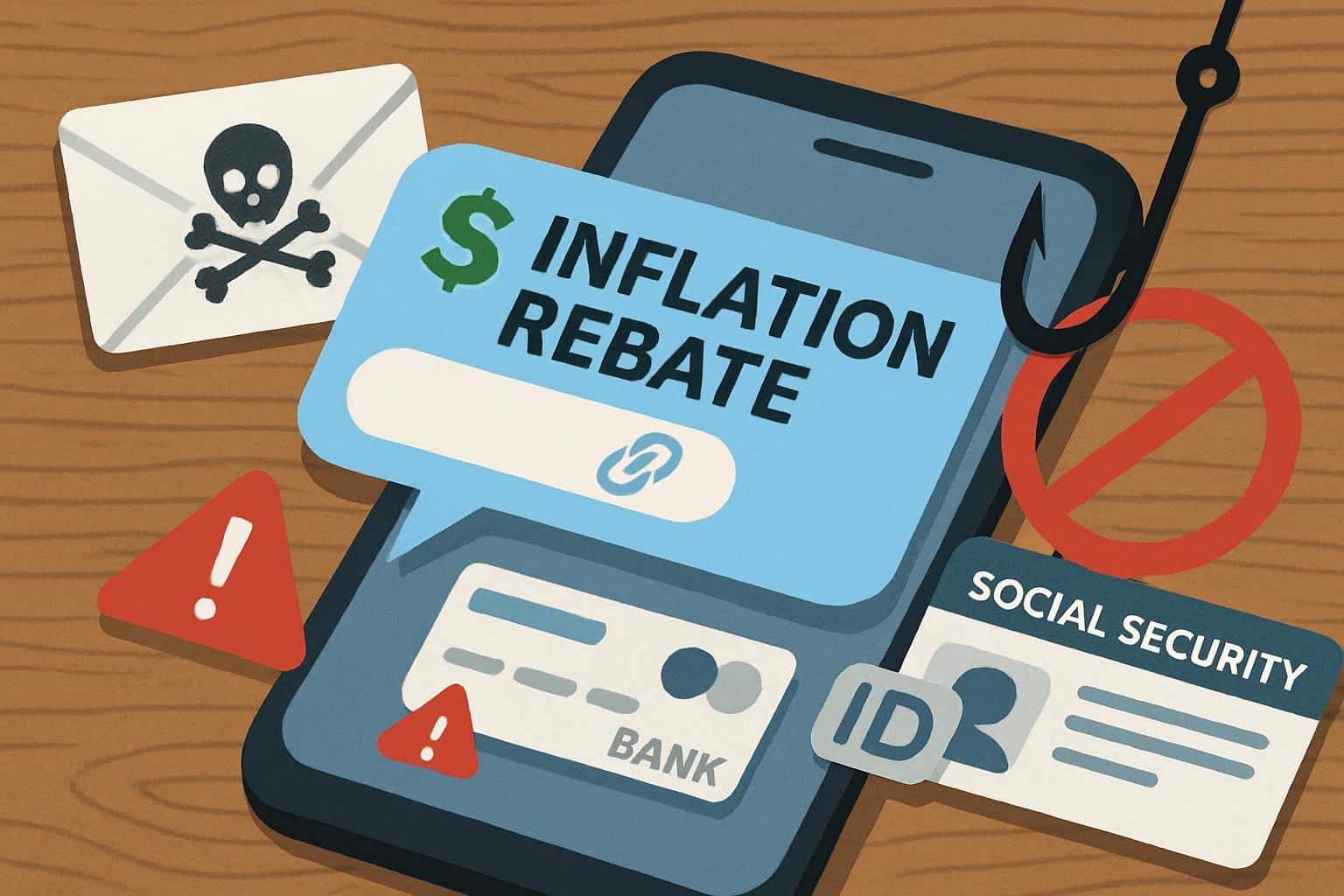 Smartphone screen shows phony inflation rebate SMS phishing text scam