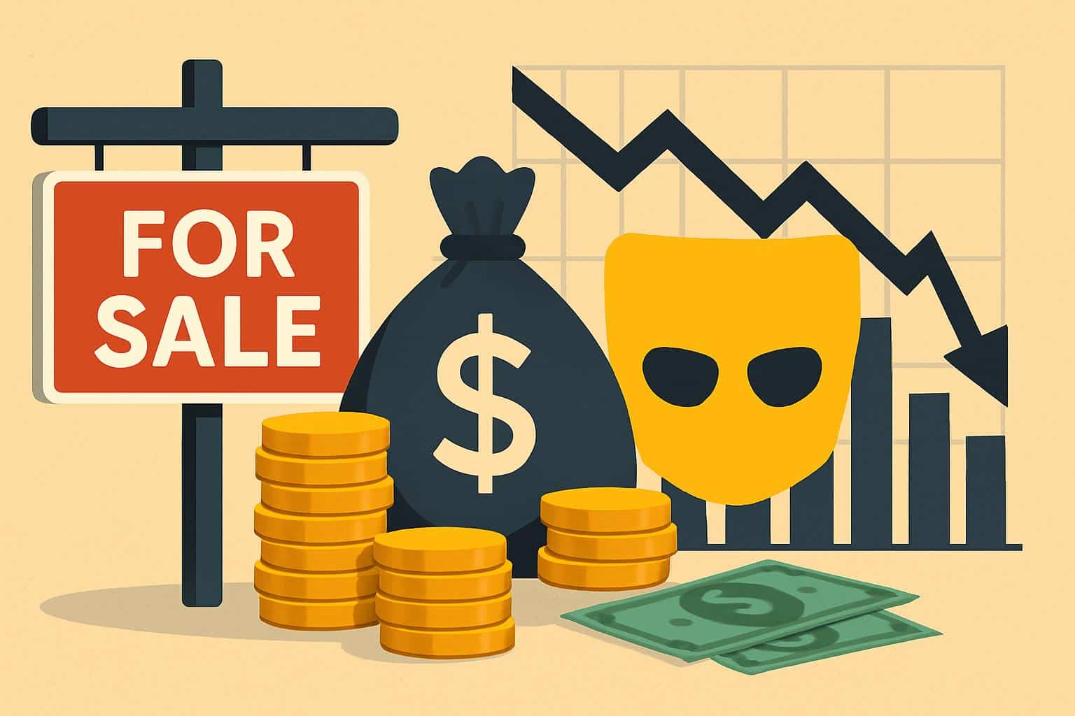 Grindr logo with for-sale sign and downward graph, signaling sale amid financial squeeze