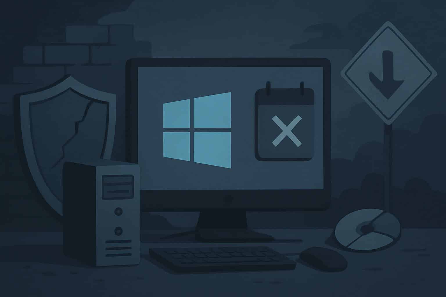 Windows 10 logo with warning sign marking end of support and upgrade options