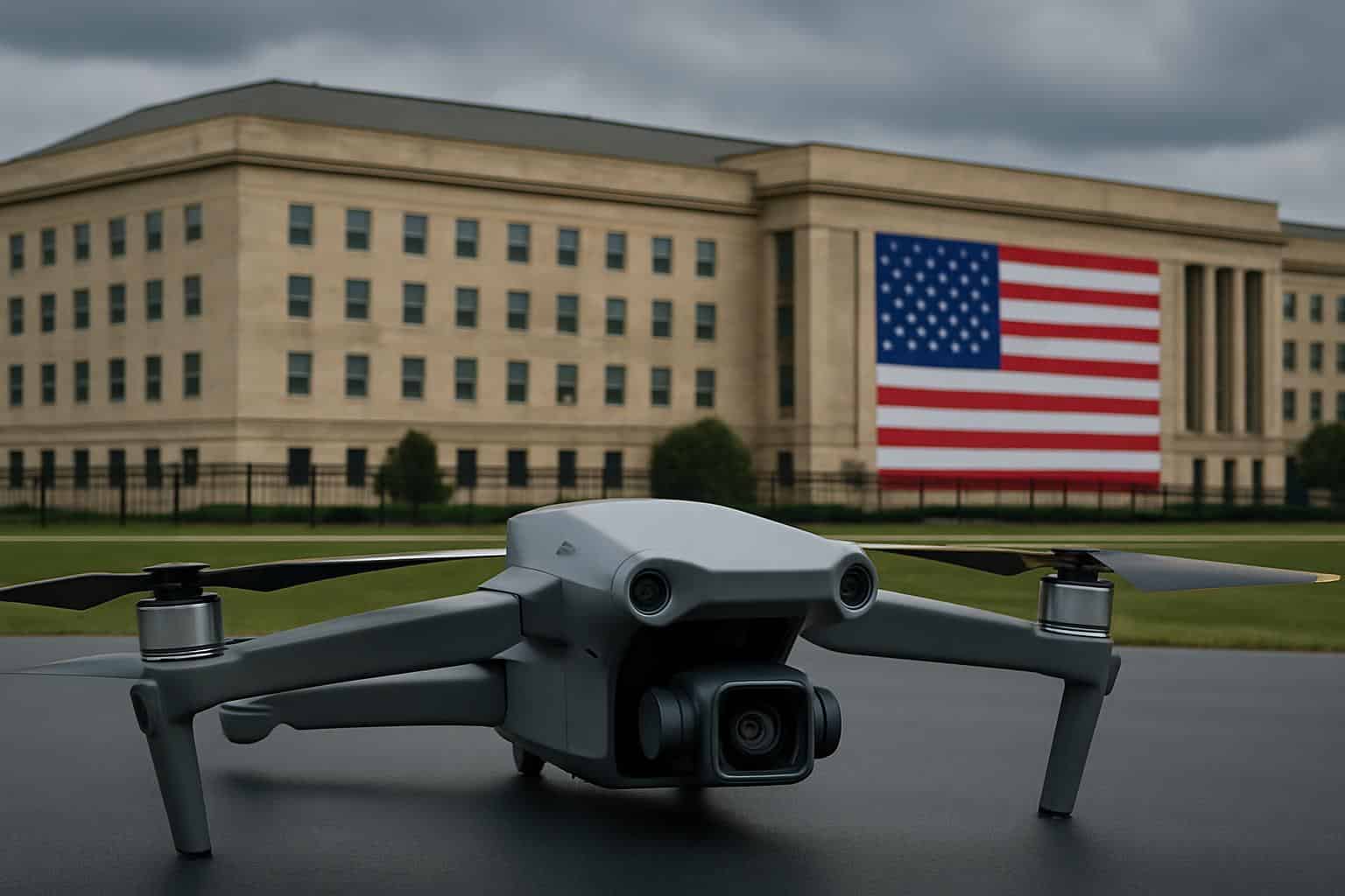 DJI logo beside U.S. flag and gavel, symbolizing appeal of military company designation