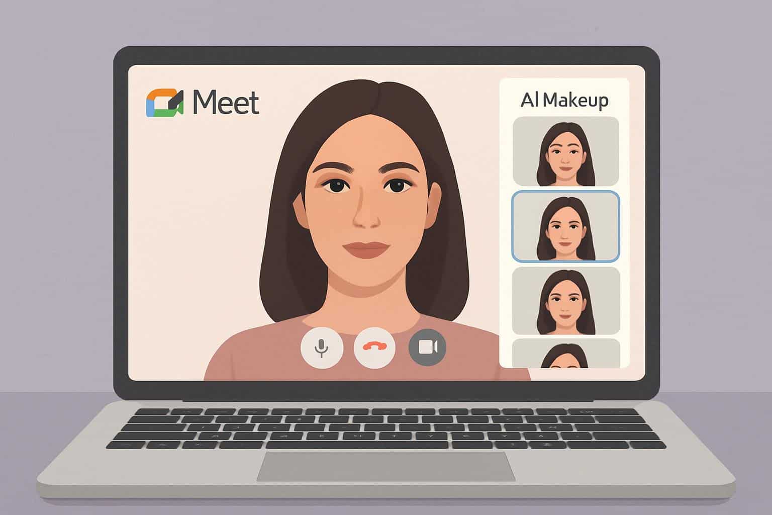 Google Meet webcam preview with AI makeup filters comparing different looks