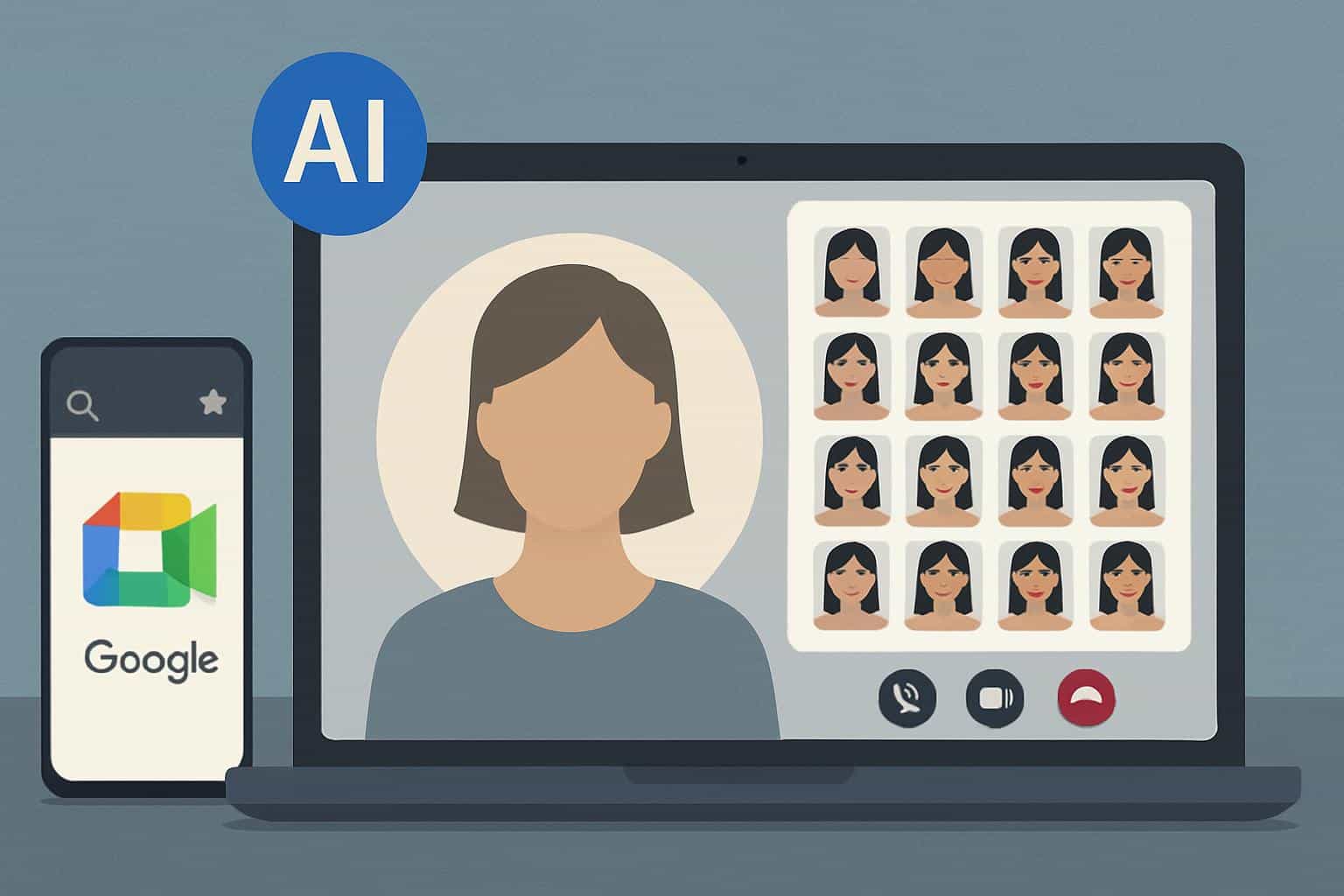 Google Meet AI makeup filters interface with options for lipstick, blush, and eyeliner