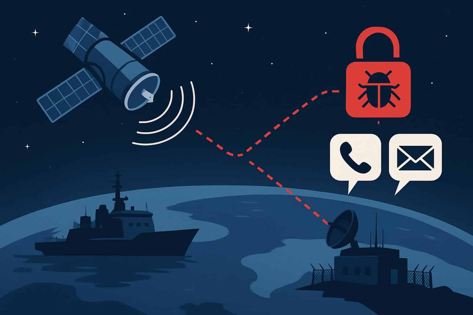 Satellite over Earth with unsecured signals leaking calls and sensitive communications