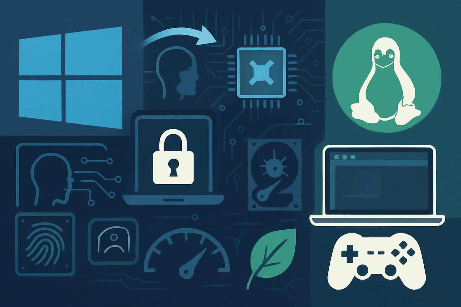 Linux penguin and Windows logo on a laptop screen, signaling OS switch