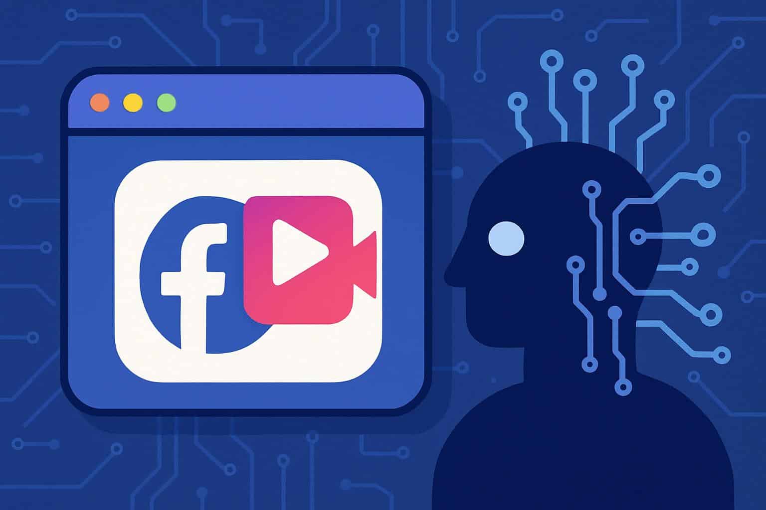 Facebook Reels logo with AI algorithm icons and a downward trend arrow