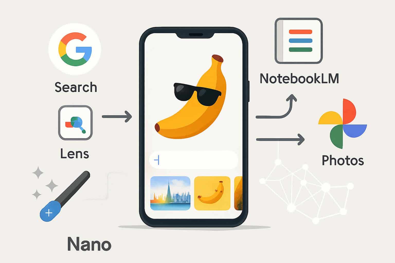 Google core app icons linked by Nano Banana integration concept