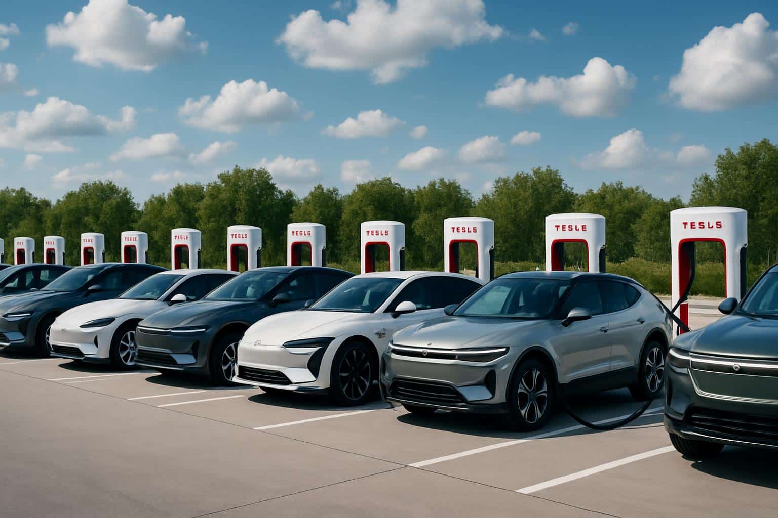 Electric vehicles charging at Tesla Superchargers as access expands to 23,500 stations