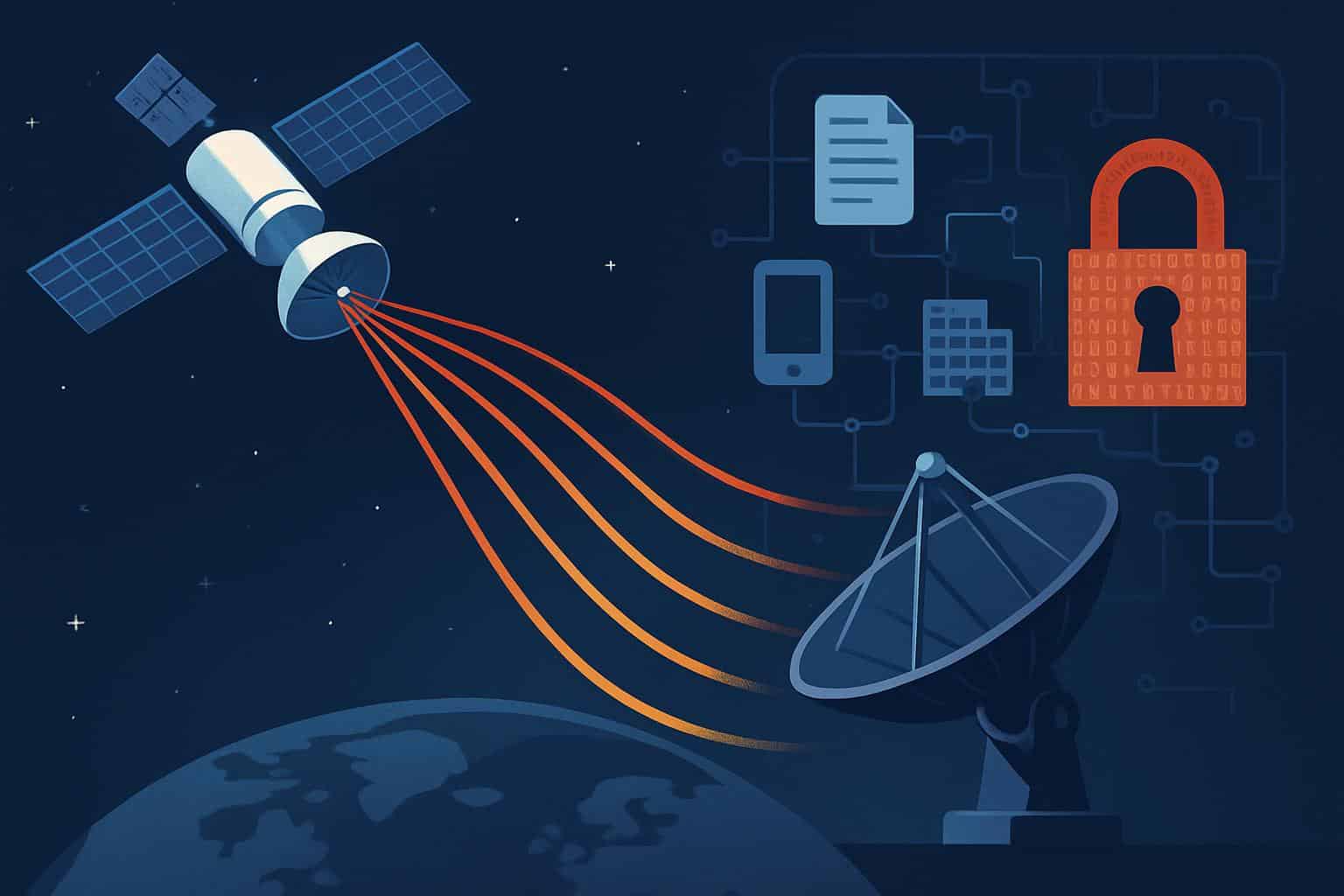 Satellite over Earth transmits unencrypted traffic, exposing sensitive data in transit