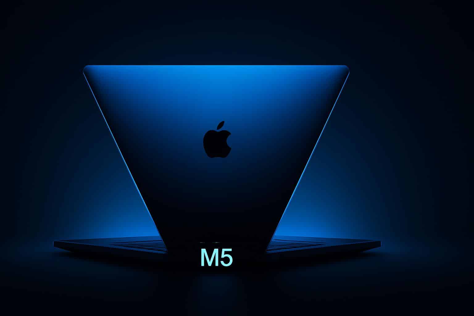Apple logo above MacBook Pro silhouette, teasing M5 chip power and performance