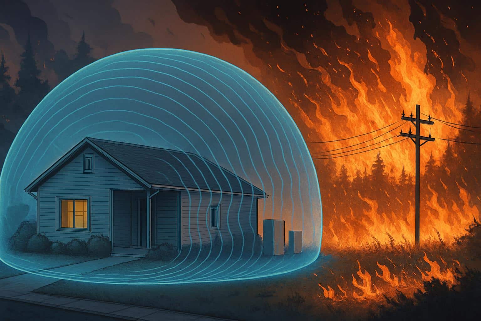 Infrasound waves forming a barrier shielding homes and infrastructure from wildfire flames