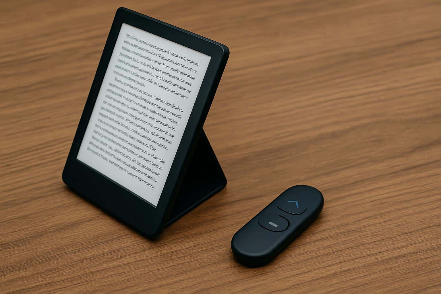 Kobo remote control for e-readers shown with device, for hands-free page turns