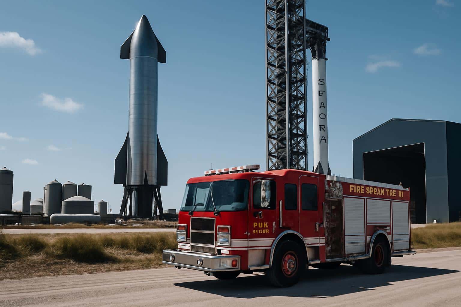 Fire trucks at SpaceX Starbase launch site amid recruitment of a firefighting team