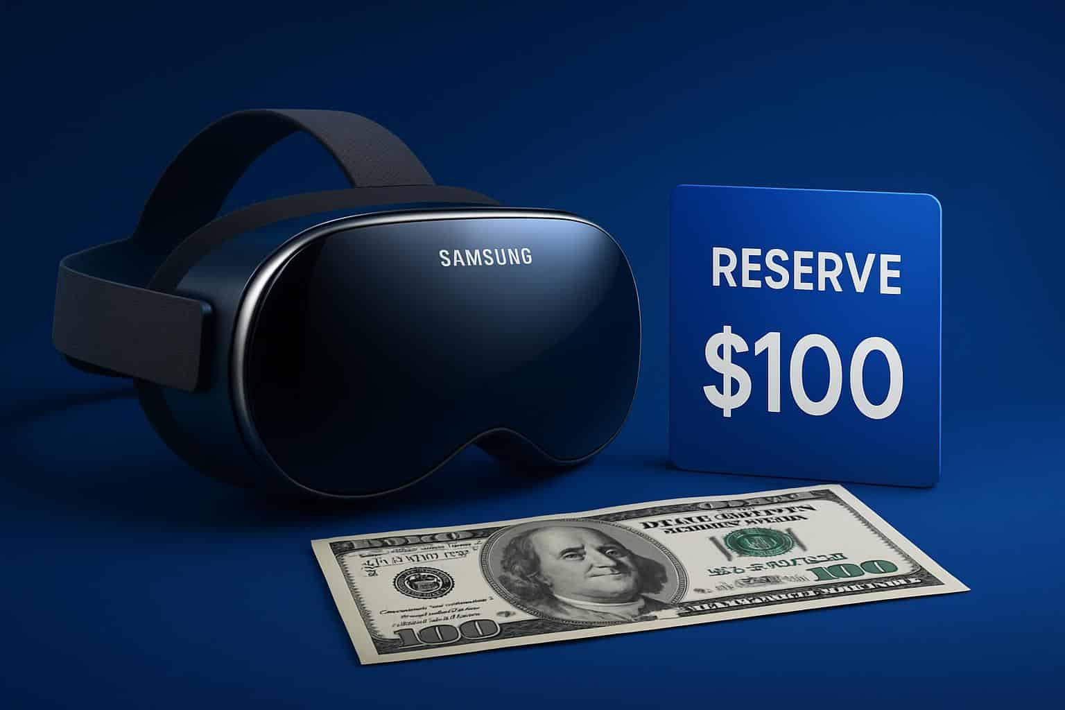 Samsung logo with XR headset promoting $100 credit for reservations