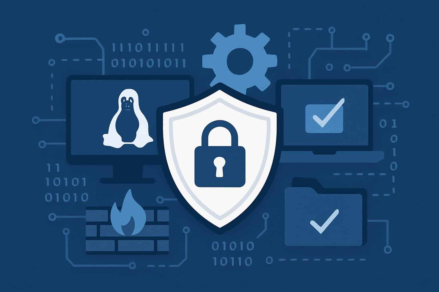 Immutable Linux security solutions concept with shielded OS, server, and container icons