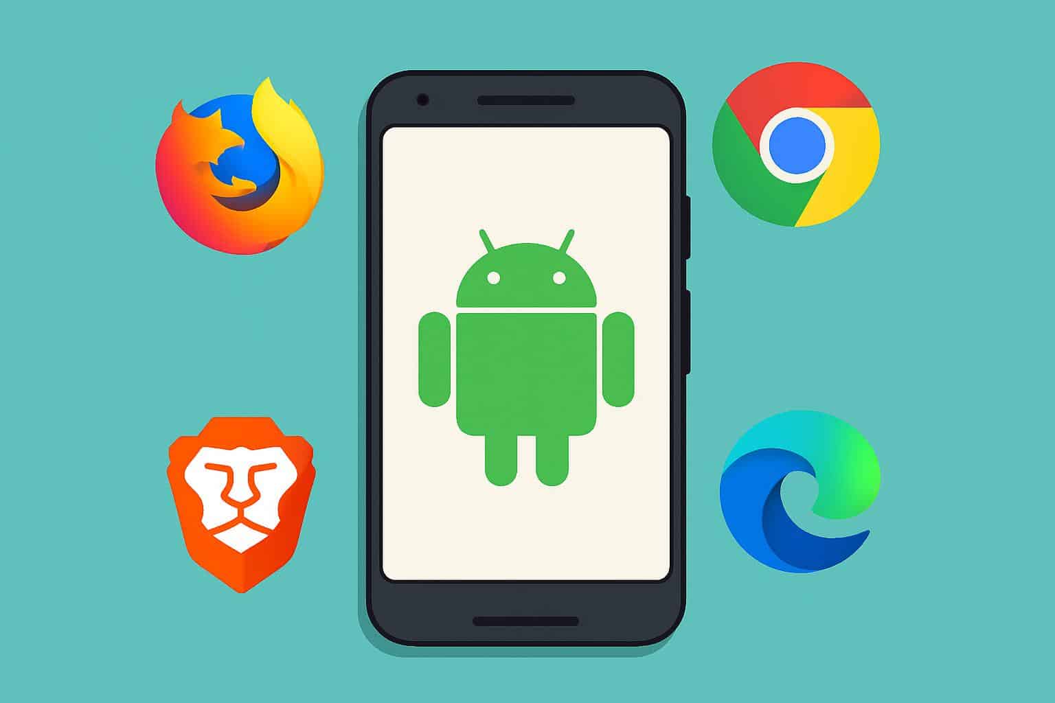 Android smartphone displaying Chrome, Firefox, Edge and Opera apps for browser comparison