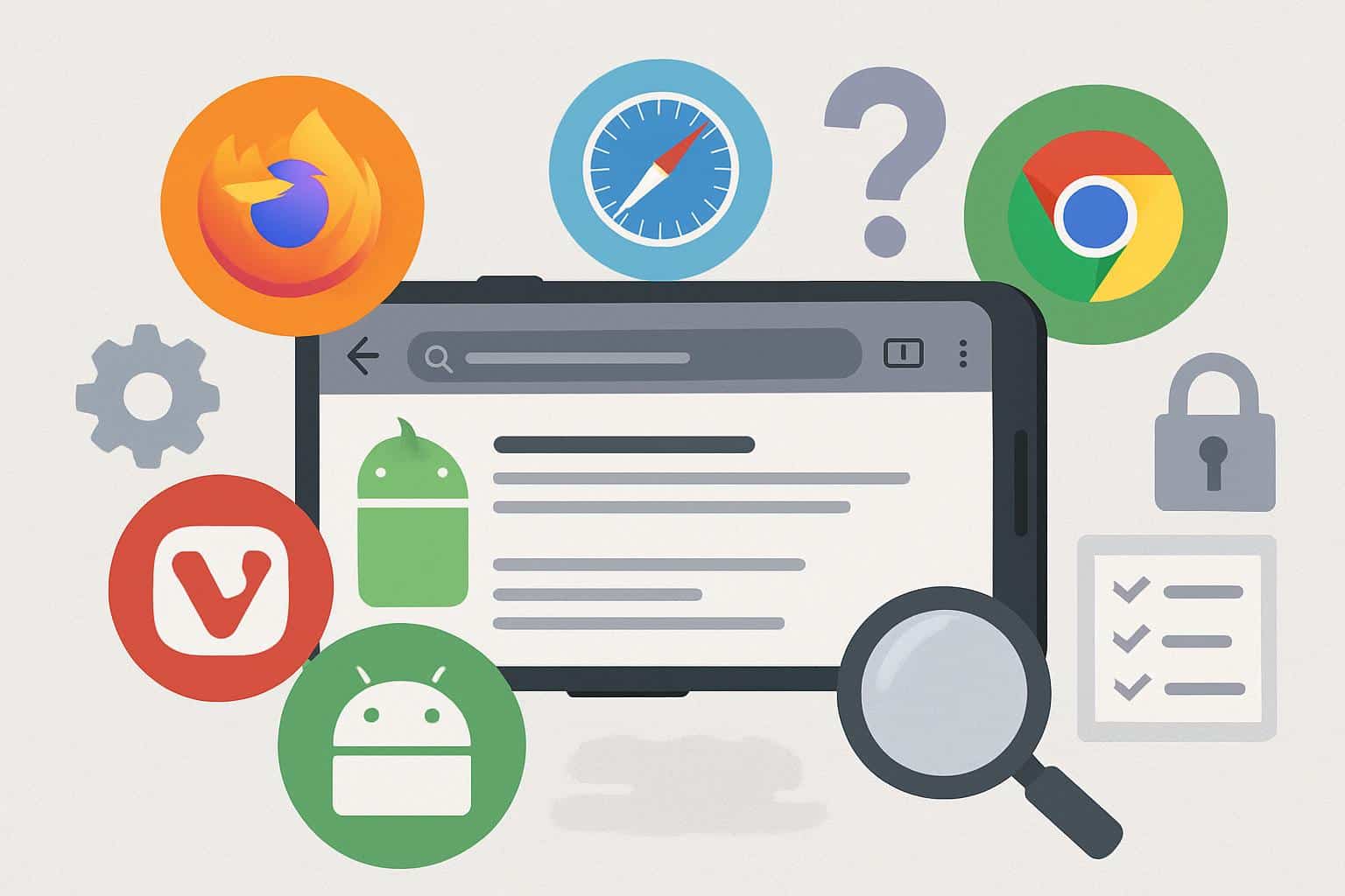 Android browser comparison on smartphone screen, multiple browser icons and settings