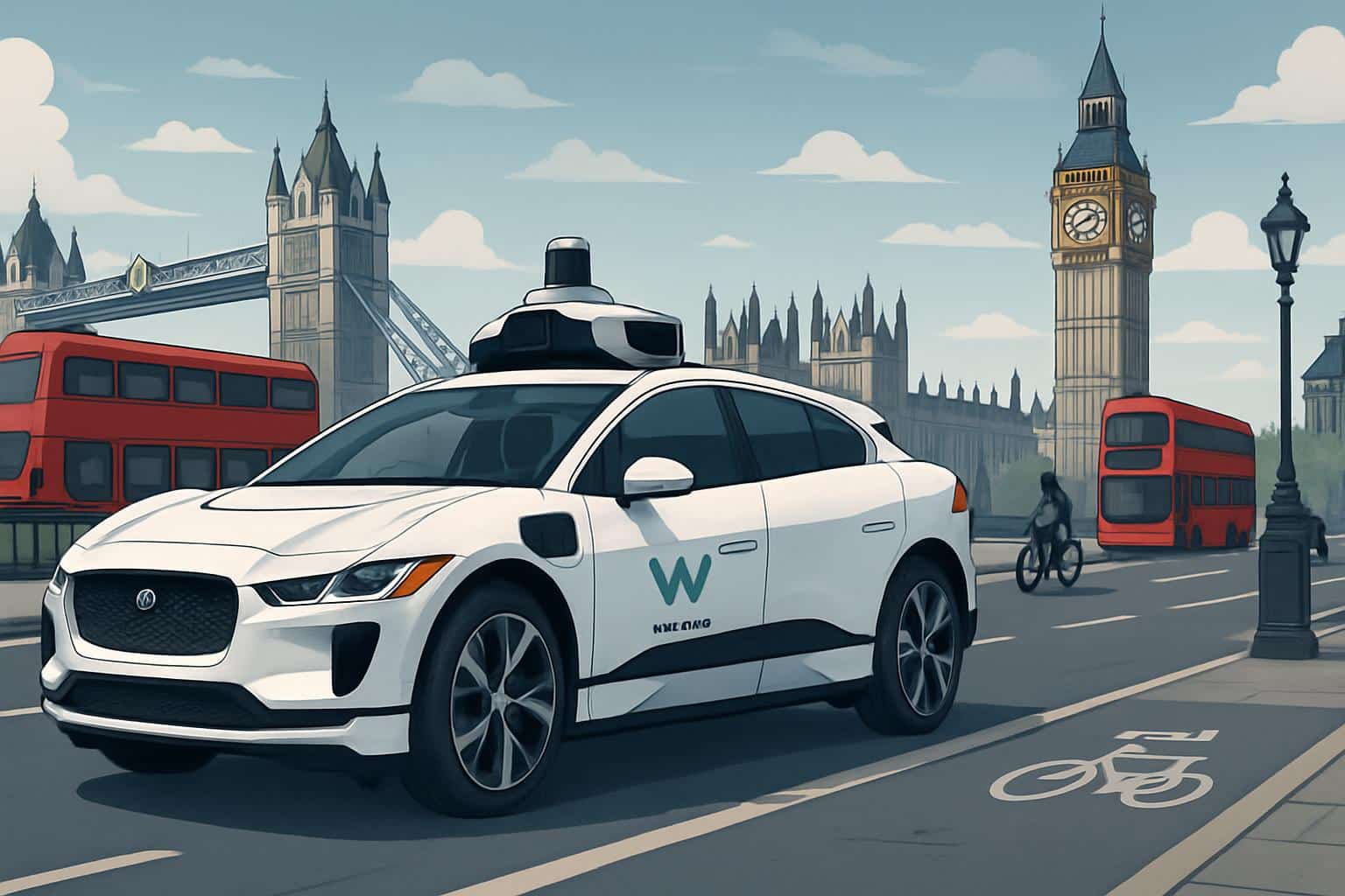 Waymo robotaxi in London by Big Ben, signaling UK autonomous robotaxi launch