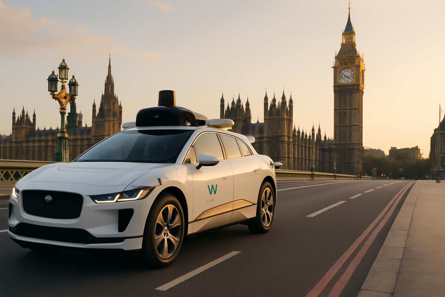 Waymo self-driving taxi in London near Big Ben for ride-hailing service