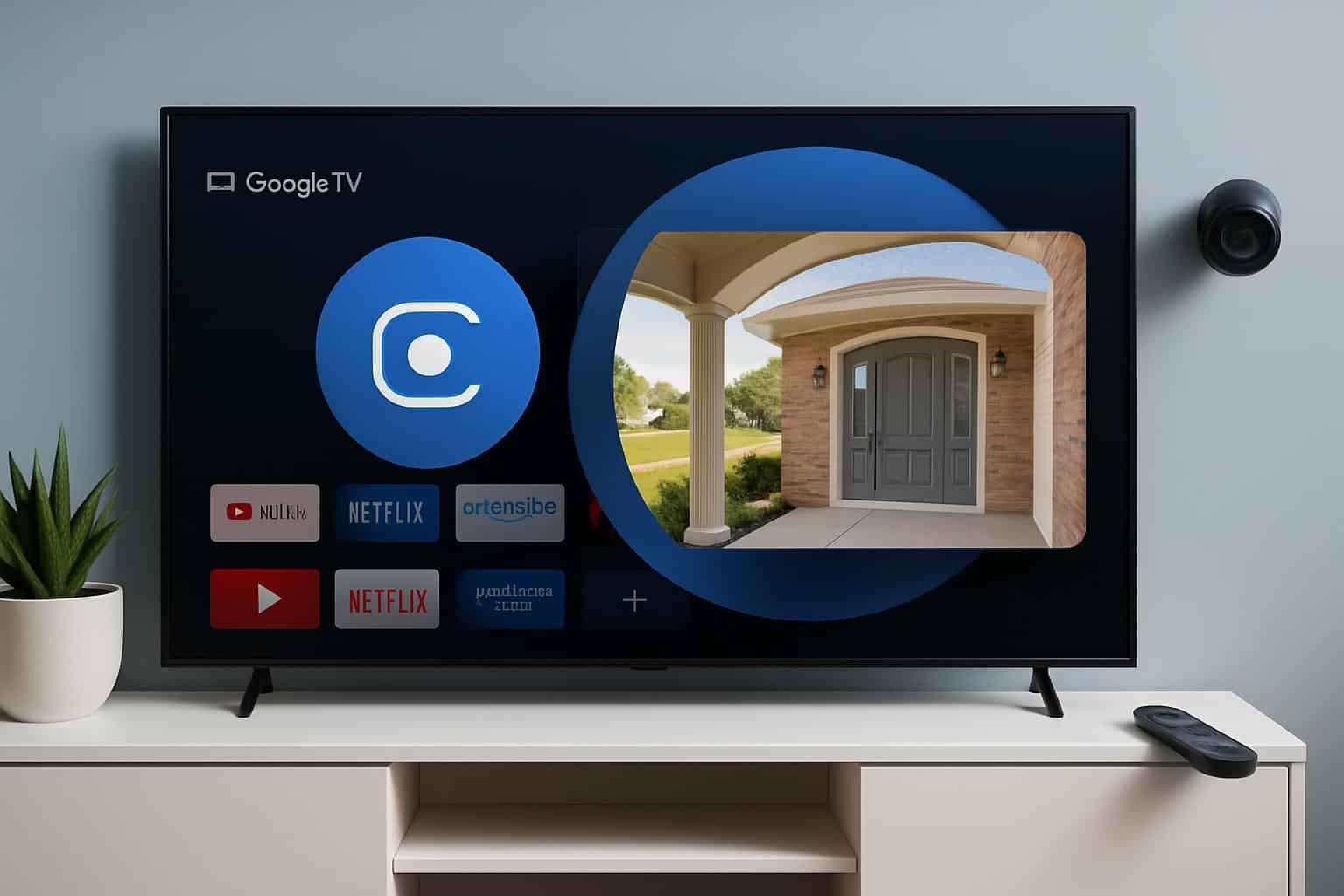 Google TV home screen with one-tap camera feed access