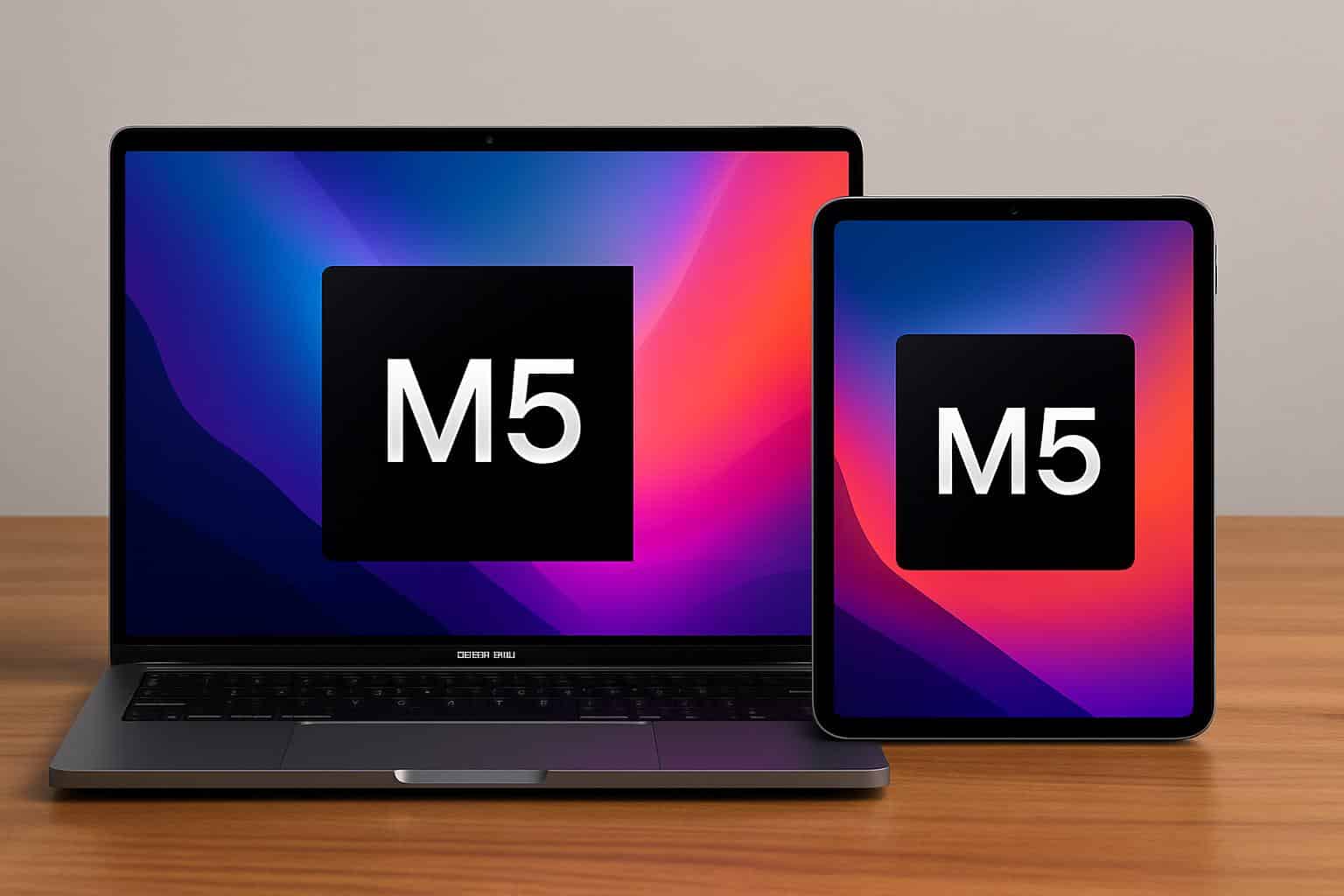 Apple M5 MacBook Pro and iPad side by side with M5 chip graphic