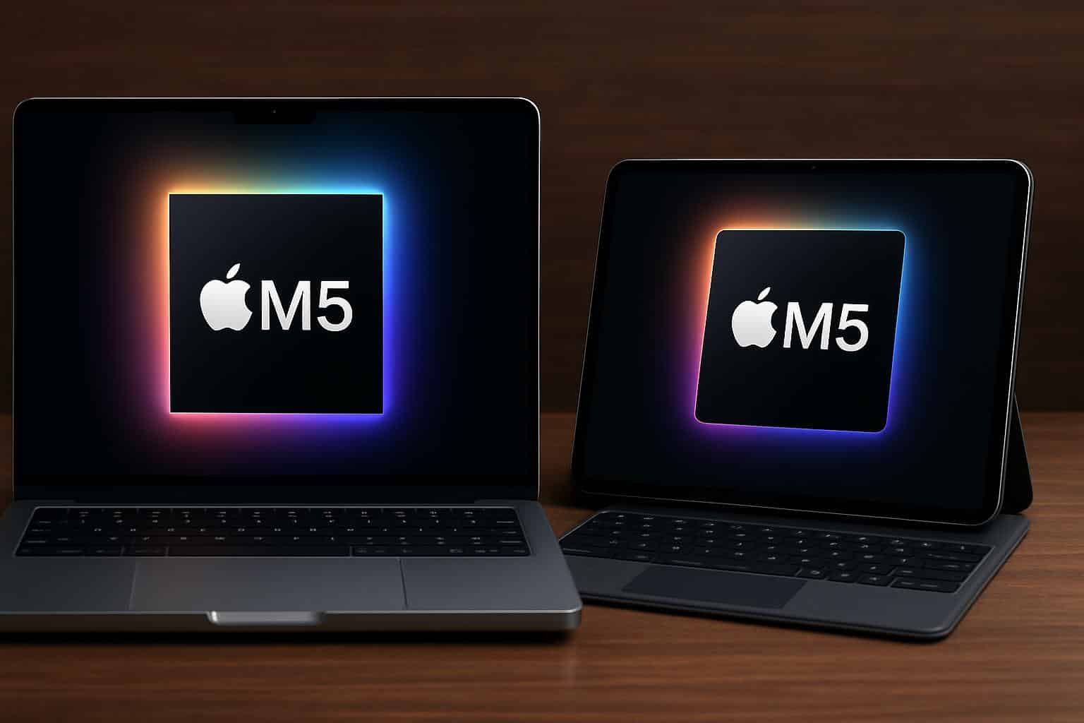 Apple M5 MacBook Pro and iPad illustration, highlighting expected specs and design