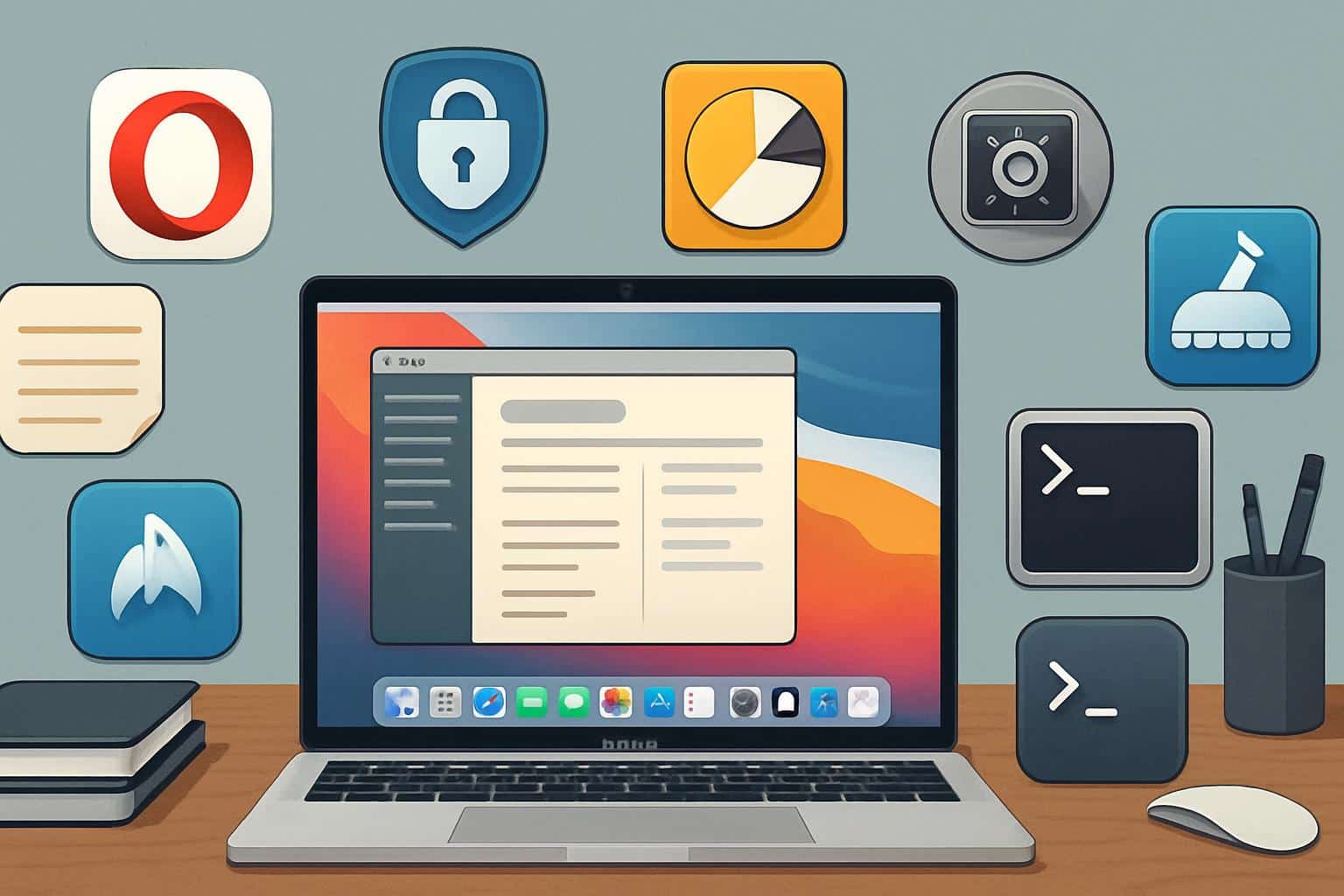 MacBook screen with macOS dock highlighting essential daily Mac apps and their value