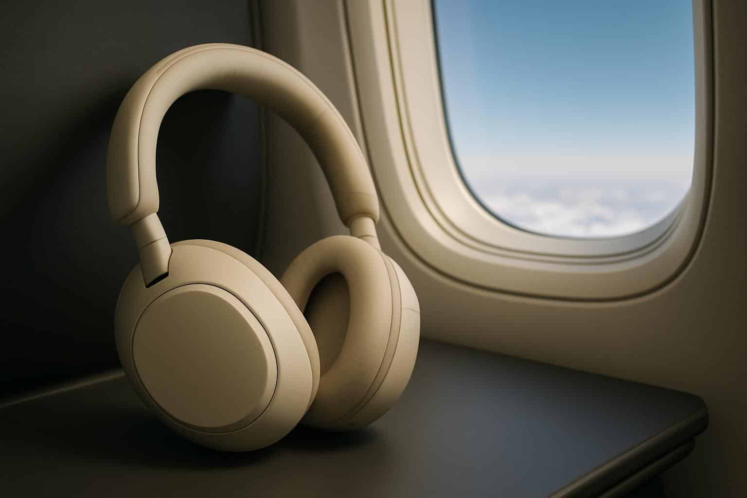 Sony WH-1000XM6 noise-canceling headphones in an airplane cabin for premium travel audio