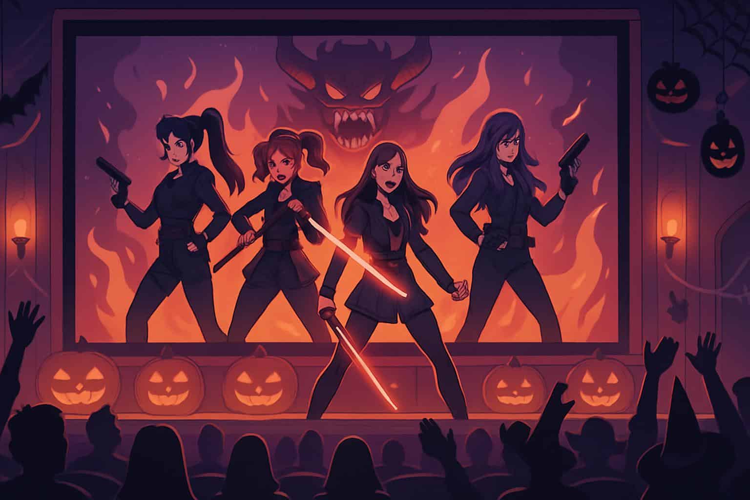 KPop Demon Hunters Halloween singalong returns—illustration with KPop and horror themes