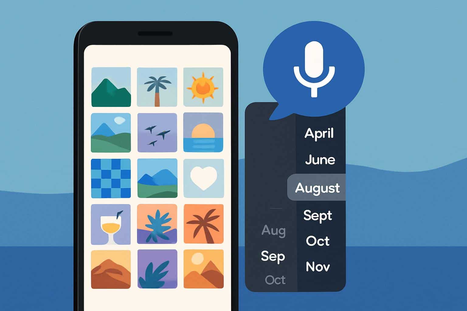Android photo picker with date scrubber and voice search controls