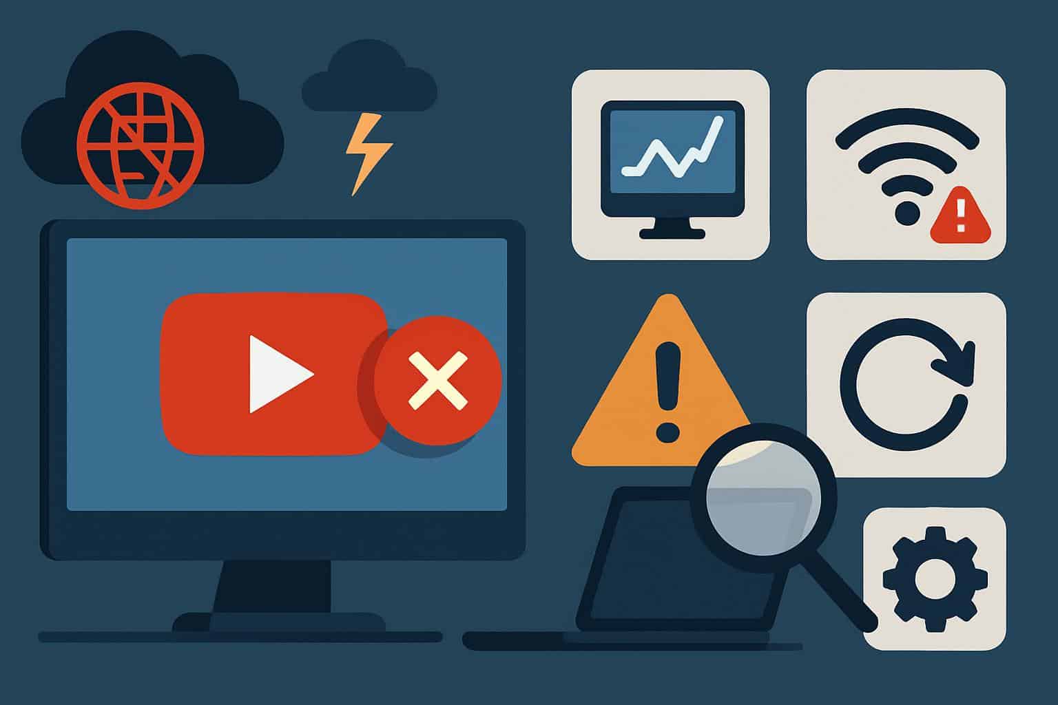 YouTube not working fixes: error screen with buffering symbol and troubleshooting icons