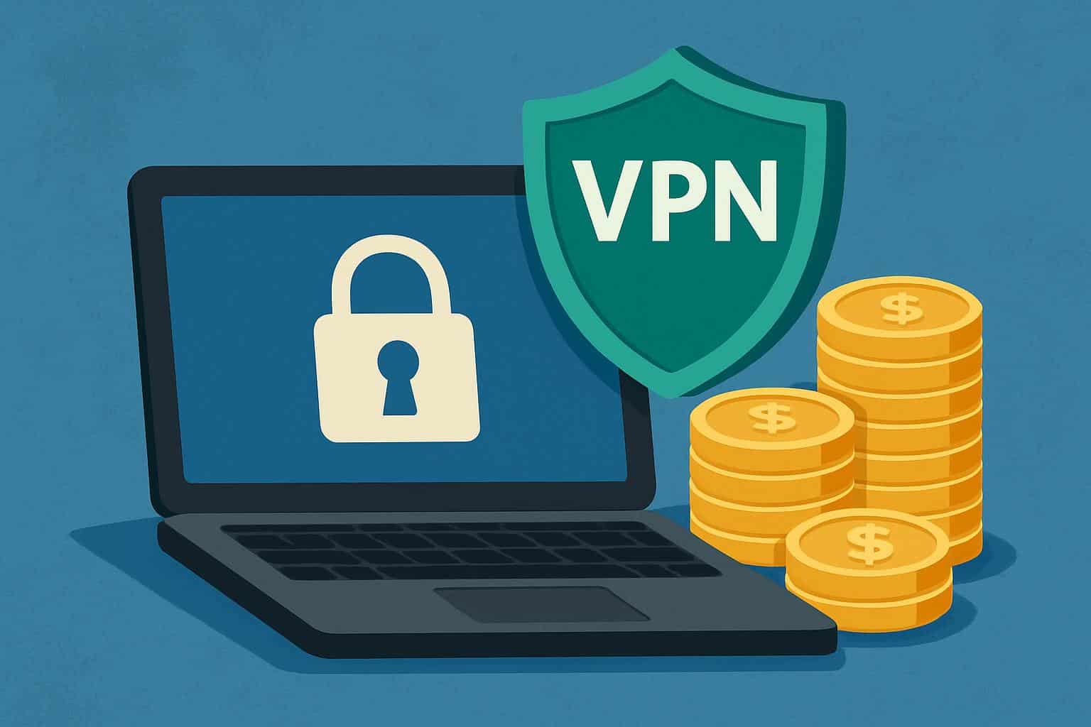Laptop with VPN interface and sale tags promoting top VPN deals and discounts