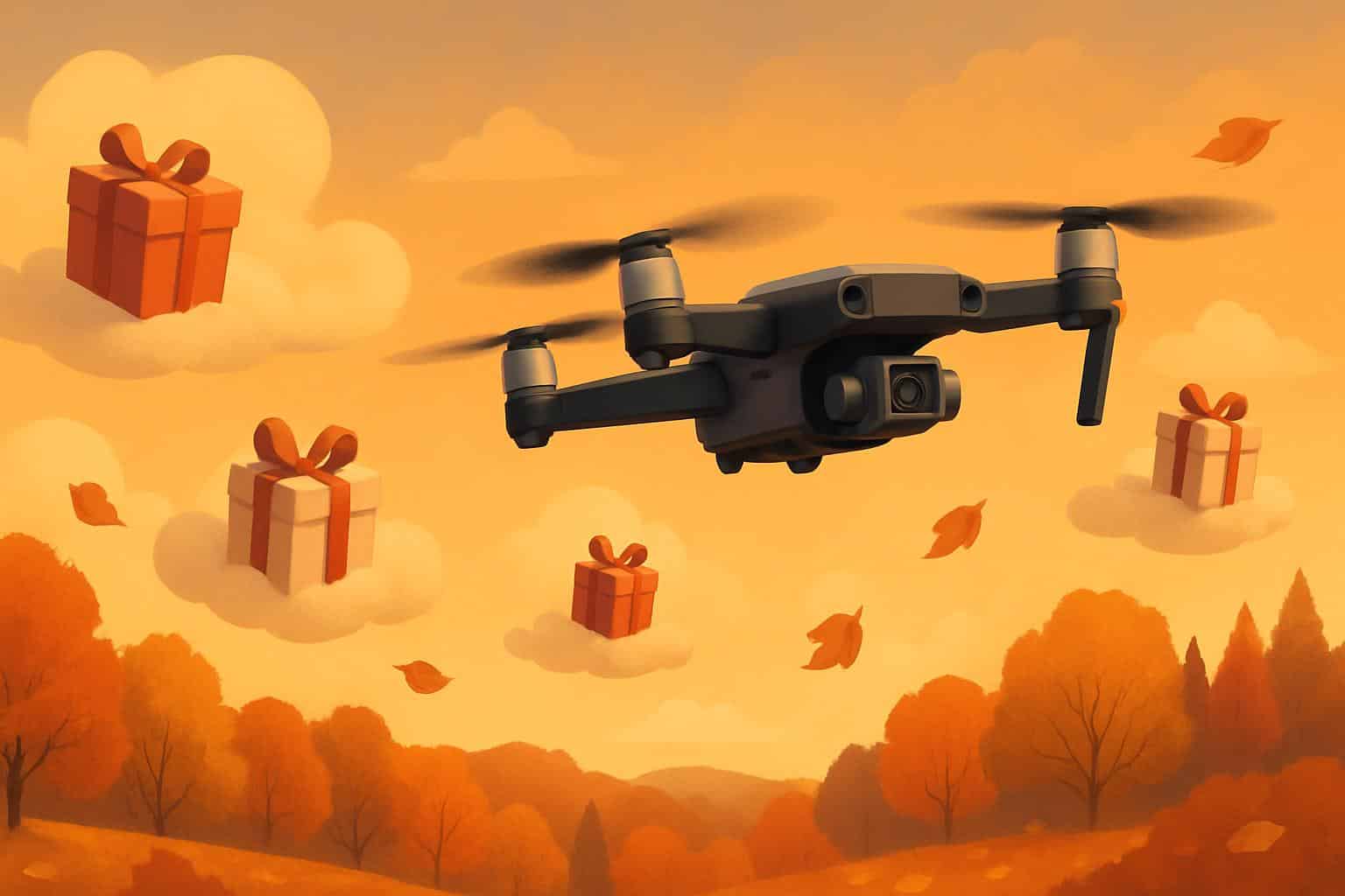 Camera drone hovering with discount tags highlighting the best drone deals