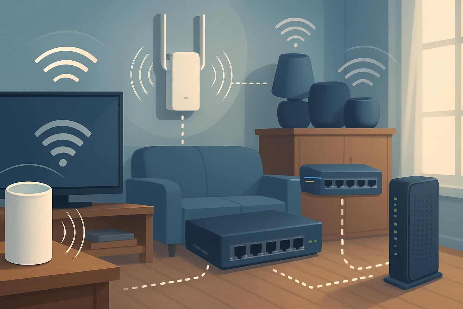 Mesh router, Wi‑Fi extender, modem, access point, and Ethernet adapter improving home Wi‑Fi coverage