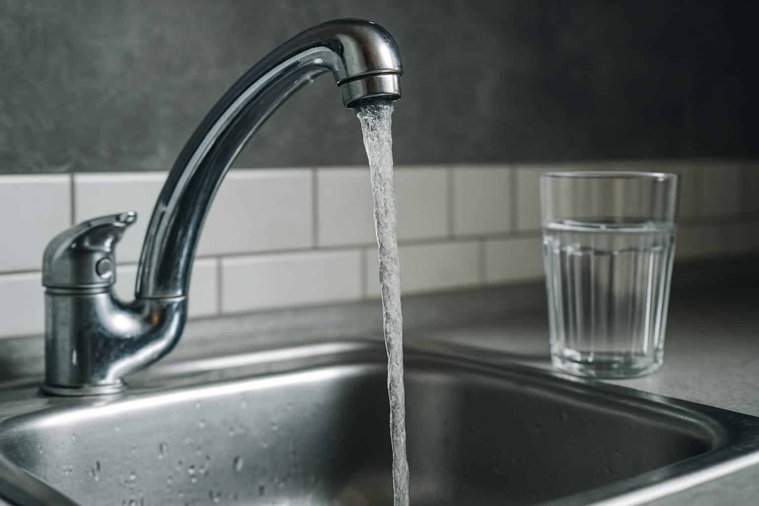 Kitchen faucet pouring into a glass, highlighting tap water safety, testing, and filtration