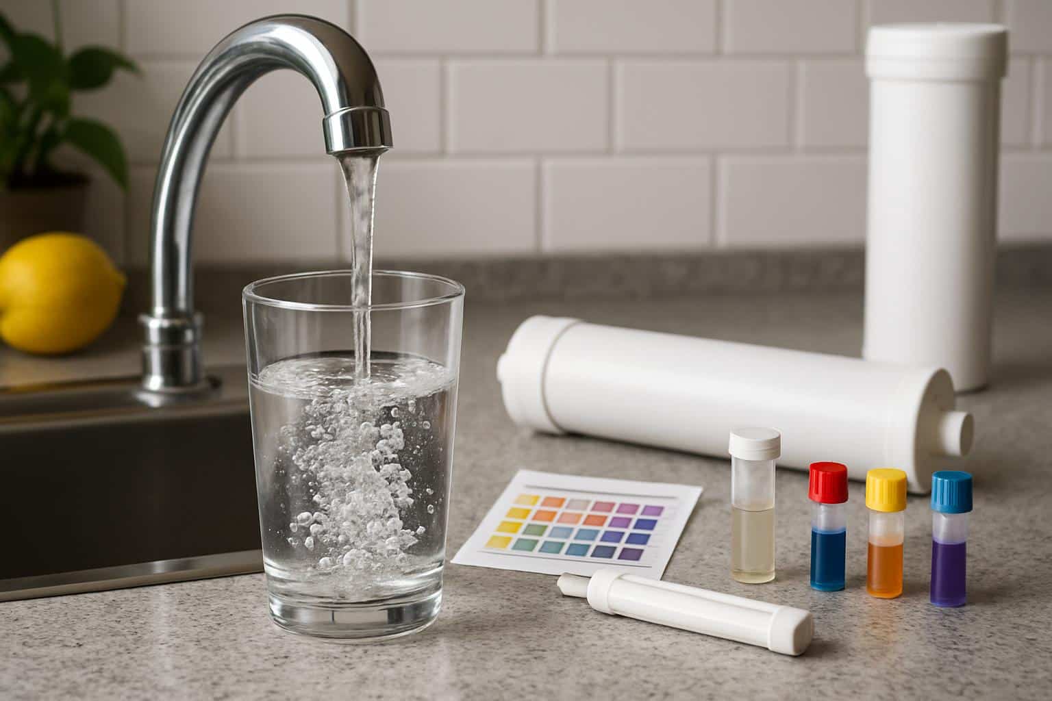 Tap water pouring into glass beside home test kit and filter pitcher