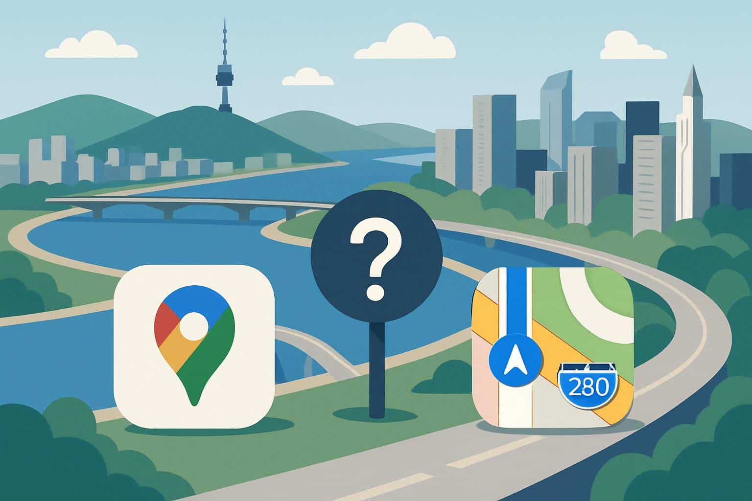 Seoul skyline with Google Maps and Apple Maps logos amid data export decision