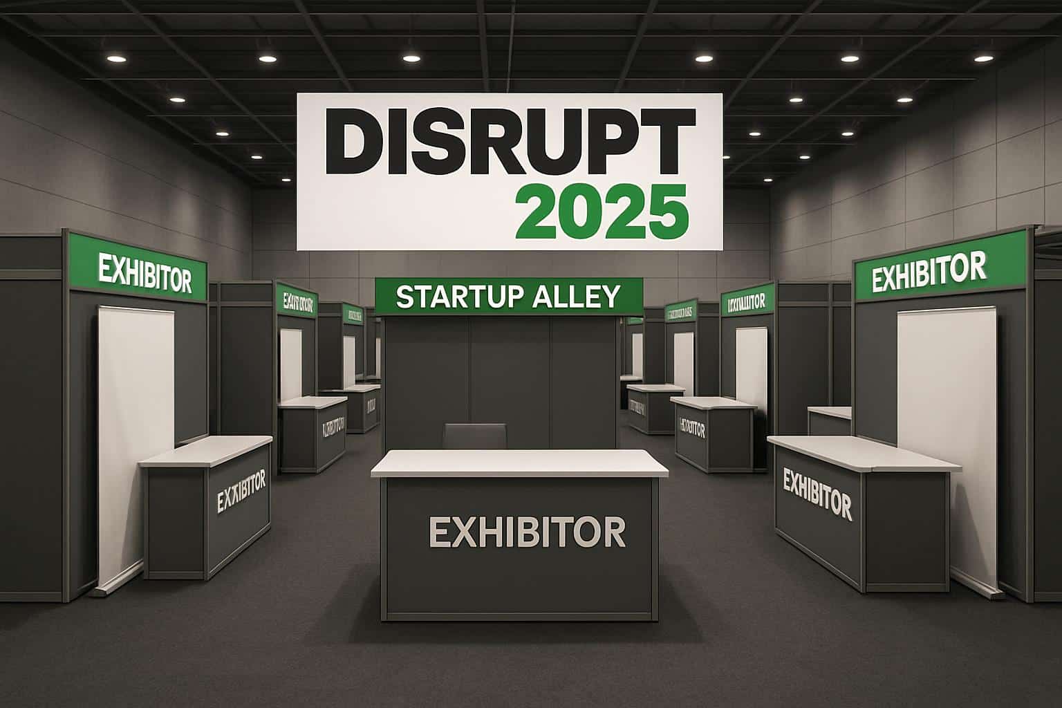 Last call to buy a Disrupt exhibitor table, with expo booths and signup banner