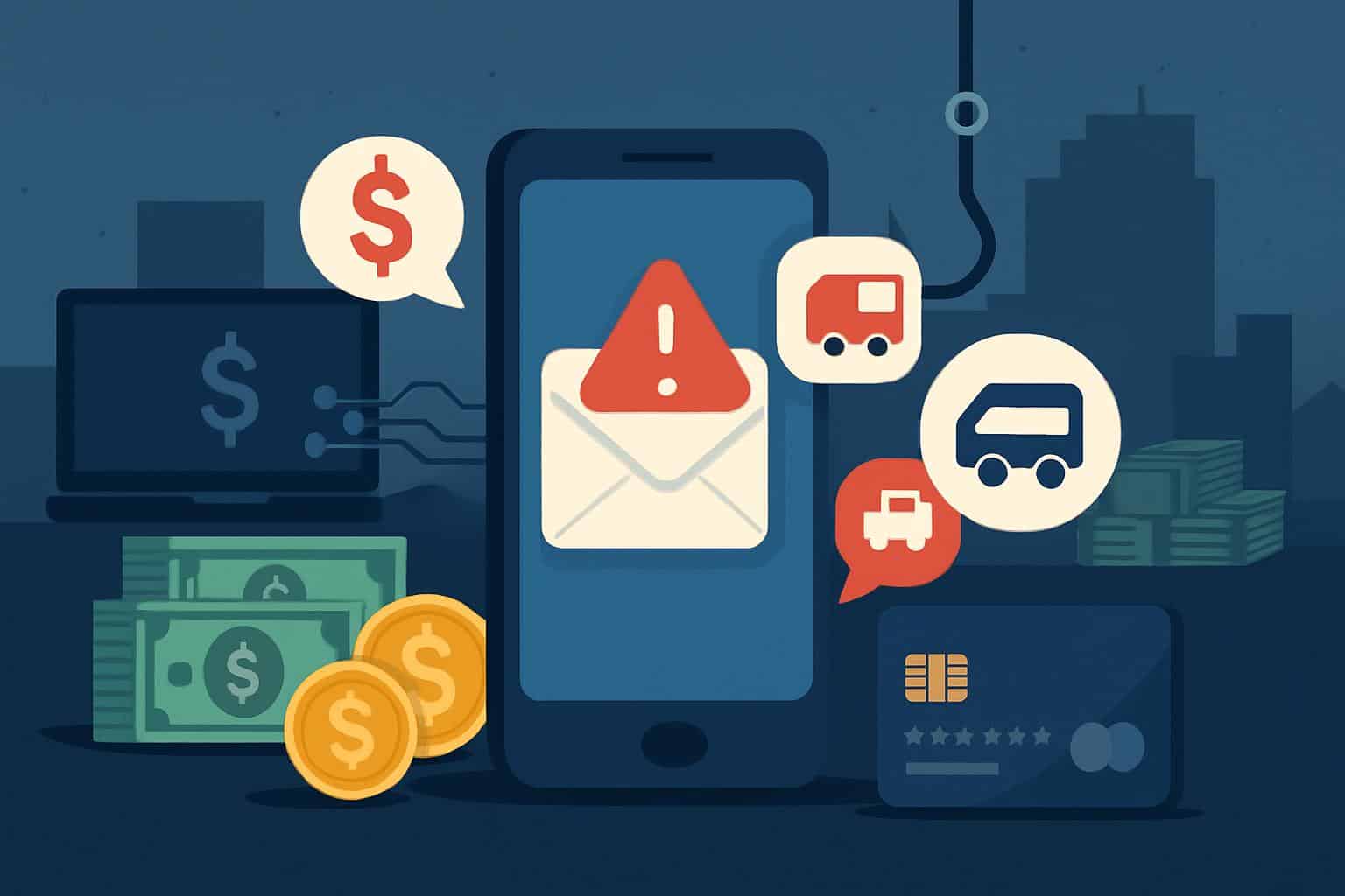Phone screen with suspicious SMS scam texts, phishing links, and bank fraud warnings.