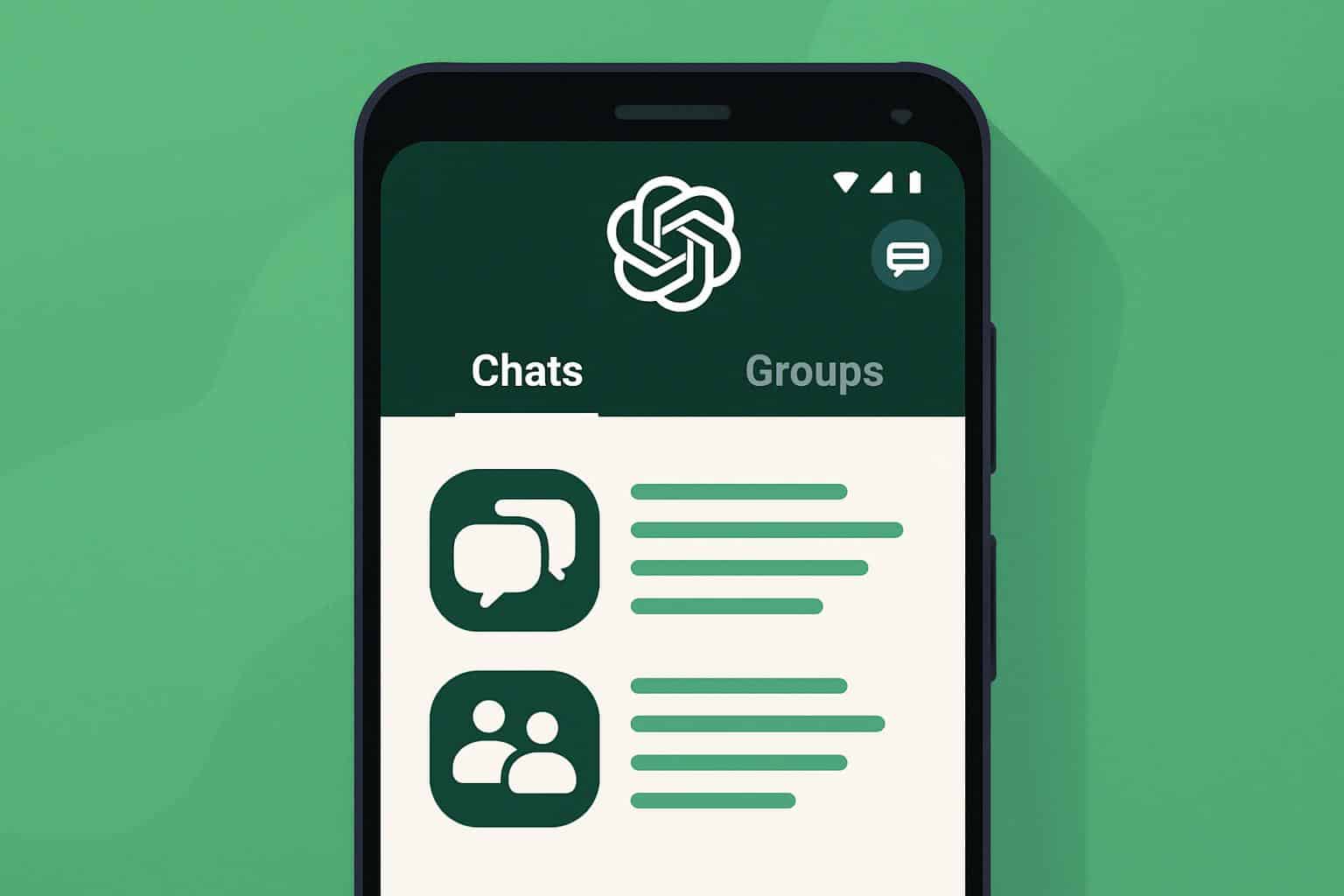 ChatGPT Android app showing DMs and group chat features