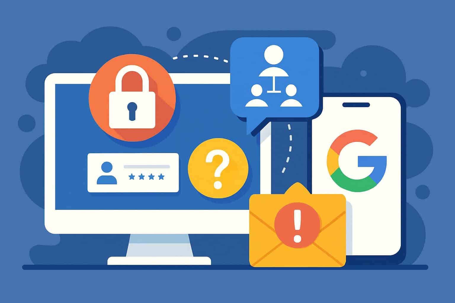 Google account recovery with trusted contacts, padlock and security icons