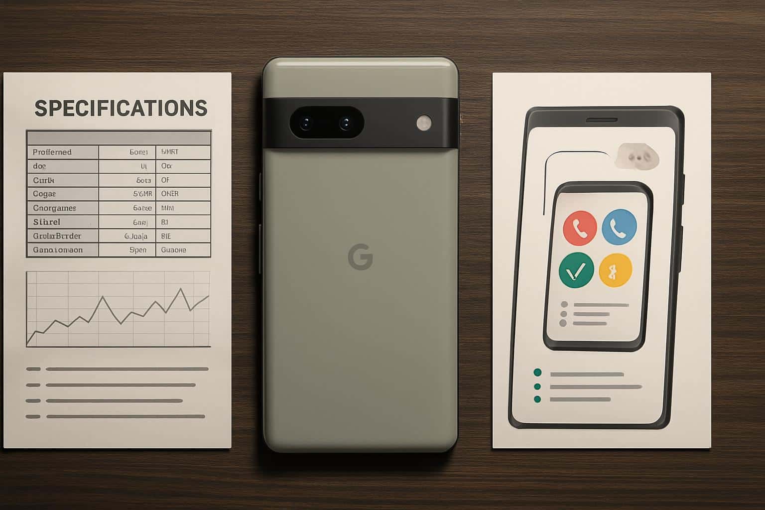 Google Pixel smartphone next to spec sheet, favoring real-world performance over specs