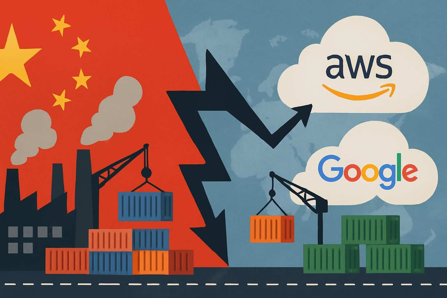 Microsoft, AWS and Google rethink China supply chains, logos over map and logistics routes