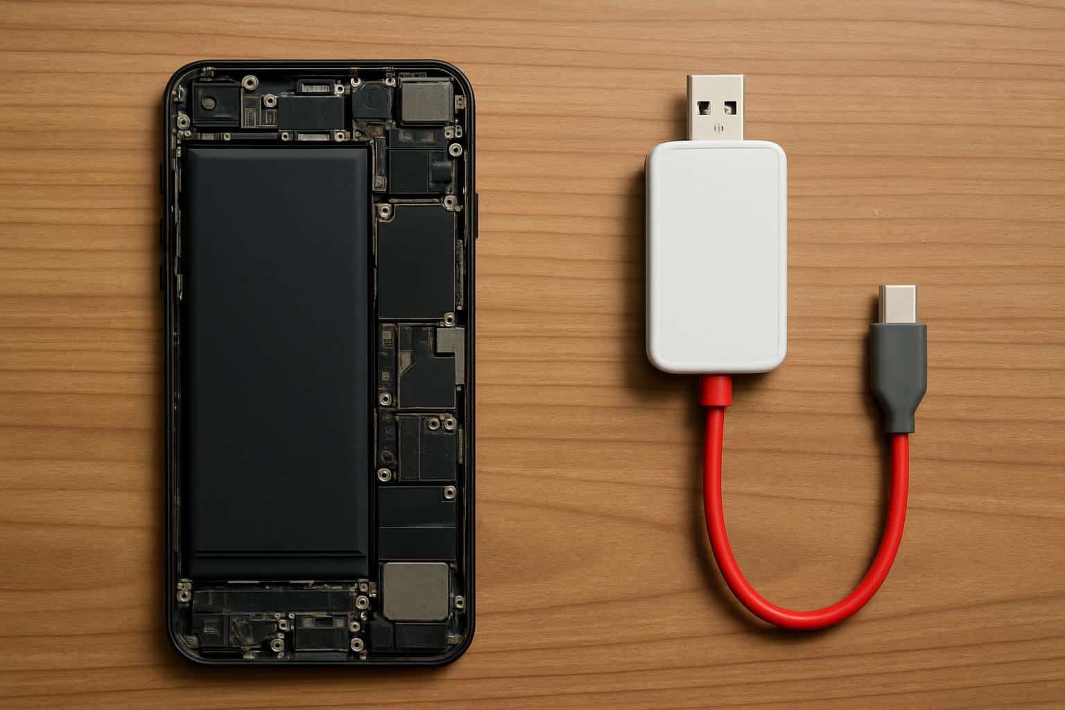  phone repair dongle connected to smartphone during test